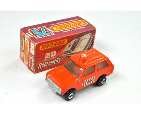 Matchbox Superfast No. 20B Range Rover Police Patrol. Site Engineer. Orange with Orange Interior. Unpainted Base. Opaque Wind