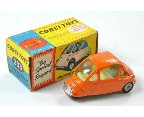 Corgi No. 233 Heinkel Economy Car. Orange with cream interior. Generally good, some chips of wear as show in good box. 