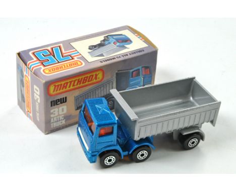 Matchbox Superfast No. 30D Articulated Truck. Metallic steel-blue cab, amber windows, silver trailer. Black base. Appears exc