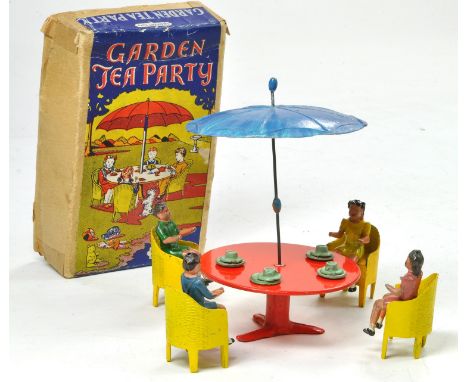 Crescent Toys Garden Tea Party set. Comprising Table with sun shade, 4 chairs, 2 boys, 2 girls, saucers and plates. Appears e