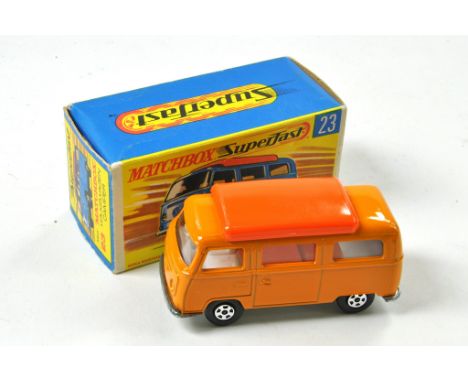 Matchbox Superfast No. 23A VW Camper. Light orange body, white interior orange hinged roof. Unpainted base, clear Windows. Ap