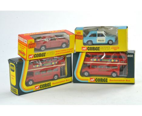 Corgi No. 306 Morris Marina 1.8 Coupe plus No. 506 Police Panda Sunbeam Imp plus duo of No. 468 Routemaster (Outspan) Bus iss
