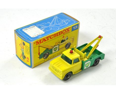 Matchbox Regular Wheels No. 13d Dodge BP Wreck Truck. Lemon yellow cab &amp; jibs, green back with red plastic hook, black pl
