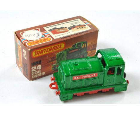 Matchbox Superfast No. 24E Diesel Shunter. Metallic dark green body, light brown control panel, 'Rail freight' label. Red pla