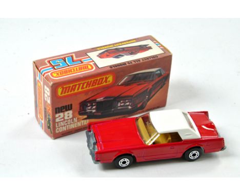 Matchbox Superfast No. 28C Lincoln Continental. Dark red body, tan interior, clear windows. Unpainted base. Appears excellent