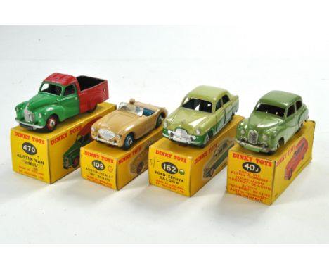 Four boxed Dinky issues including No. 470 Austin Shell Van, No. 109 Austin Healey, No. 162 Ford Zephyr and No. 40J Austin Som