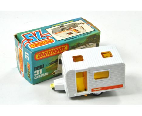 Matchbox Superfast No. 31C Caravan. White body, light yellow interior, unpainted base, amber glass, orange door with orange s