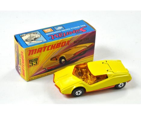 Matchbox Superfast No. 33B Datsun 126X. Yellow body, orange base with amber glass. Chrome Interior. Appears excellent in exce