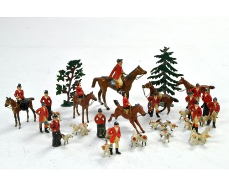 Johillco plus possibly others hunt themed vintage figures, note smaller scale inc mounted, standing and hounds. Fair to Good.