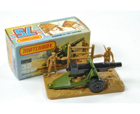 Matchbox Superfast No. 32C Field Gun. Military green body, light brown base, 2 soldiers and 4 shells on spue, black wide whee