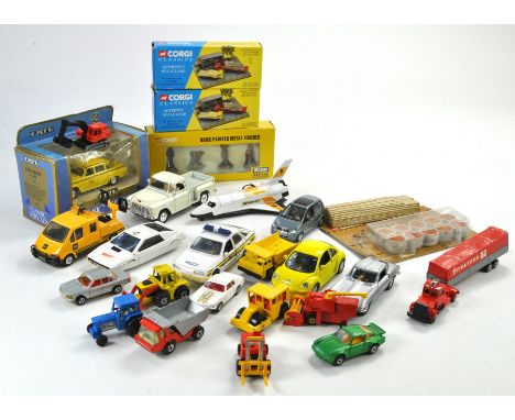 Assorted loose diecast from Corgi, Matchbox etc plus boxed commercial items including loads and figures. 