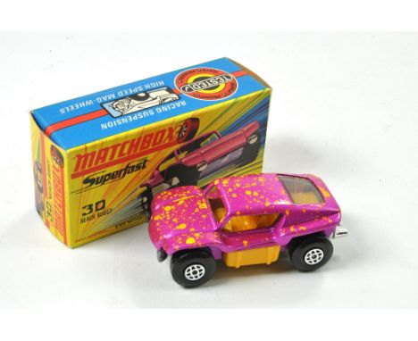 Matchbox Superfast No. 30B Beach buggy. Light metallic purple body, yellow spots, unpainted base with orange interior. Appear