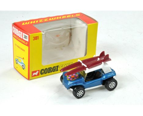 Corgi Whizzwheels No. 381 GP Beach Buggy. Blue / White with Chrome base and purple luggage. Generally excellent, no obvious s