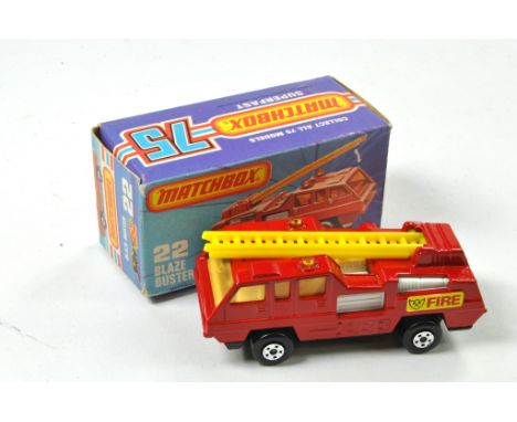 Matchbox Superfast No. 22C Blaze Buster. Dark red body, white interior, black base. Yellow ladder, 'Fire' labels. Appears exc