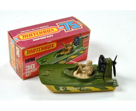 Matchbox Superfast No. 30C Swamp Rat. Military green deck, light brown hull, 'Swamp Rats' label. Plastic light brown base. Ap