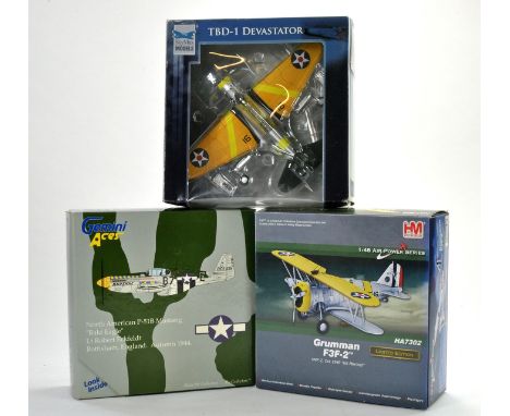 Hobby Master Diecast Model Aircraft comprising 1/48 No. HA7302 Grumman F3F-2, Gemini Aces 1/72 P-51B Mustang SkyMax TBD-1. Al