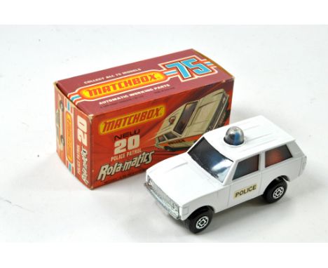 Matchbox Superfast No. 20B Range Rover Police Patrol. Police. White with Orange Interior. Unpainted Base. Opaque Windows. Exc