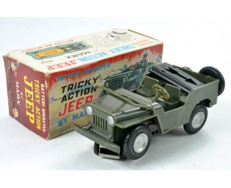Marx &amp; Co. 1960’s Battery Operated Tricky Action Jeep. Dark Green, fold down windshield, missing its driver. In good cond