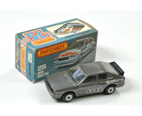 Matchbox Superfast No 25F Audi Quattro. Made in China. Metallic Dark Grey with Black Interior. Clear Windows. Black Base. App