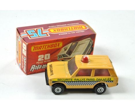 Matchbox Superfast No. 20B Range Rover Police Patrol. Paris Dakar 83. Tan with Red Interior. Opaque Windows. Black Base. Exce