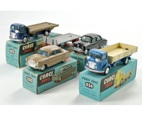 Corgi group of five boxed issues including No. 200 Ford Consul Saloon (original), No. 203 Vauxhall Velox, No. 454 Commer Plat