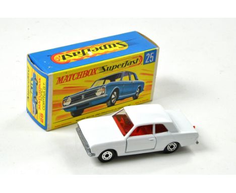 Matchbox Superfast No 25A Ford Cortina GT. Made in Hungary. White with Red Interior. Clear Windows. Silver Base. Appears exce