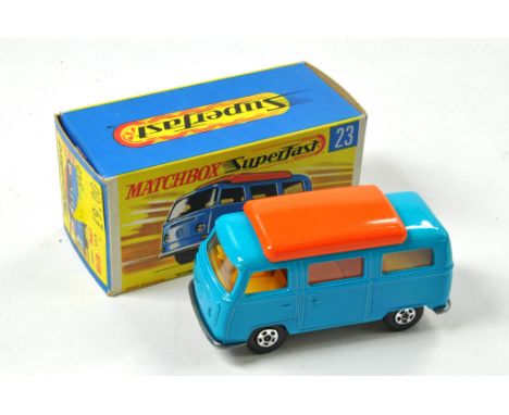 Matchbox Superfast No.23A VW Camper. Blue body, orange interior and hinged roof. UB, clear glass. Appears excellent with litt