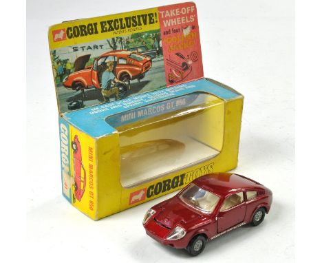 Corgi No. 341 Mini Marcos GT850. Metallic Maroon body, whitt interior. Very good to excellent, the odd mark of wear in good b