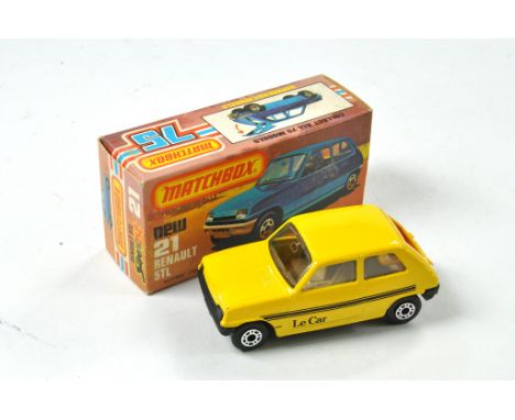 Matchbox Superfast No. 21C Renault 5TL. Yellow body, tan interior, black base, 'Le Car' stripe prints. Appears excellent in e