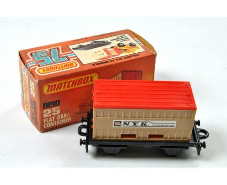 Matchbox Superfast No.25C Flat Car Container. Dark Beige container, red roof, black flat car, N.Y.K labels. Black plastic bas