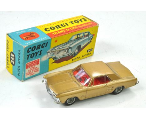 Corgi No. 245 Buick Riviera. Gold with red interior, wire wheels. Generally excellent, the odd minor mark in good to very goo