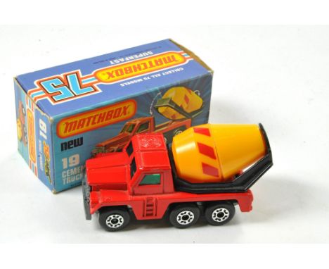 Matchbox Superfast No. 19C Cement Truck. Red body, yellow barrel, red stripes, unpainted base and green glass. Appears excell