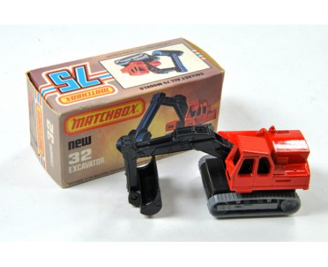 Matchbox Superfast No. 32D Excavator. Orange/red body, silver-grey tracks. Grey base. Appears excellent, in excellent (L Type