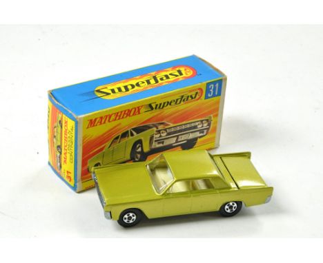 Matchbox Superfast No. 31A Lincoln Continental. Metallic lime green body, white interior, clear glass, narrow wheels and unpa