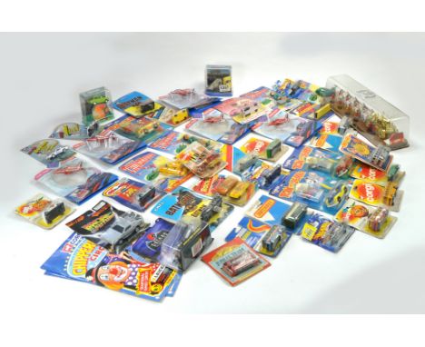 A large and interesting collection of mostly carded diecast issues relating to TV Themes, Thunderbirds, Batman, etc Makers in