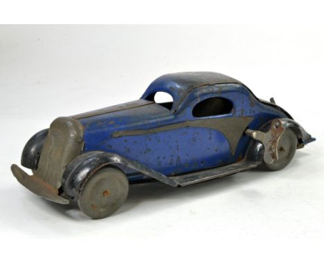 1930s Marx Toys Black/Blue Tinplate Clockwork 217 Mechanical Coupe Car.  British Made marking shown underneath, Meccano Key. 