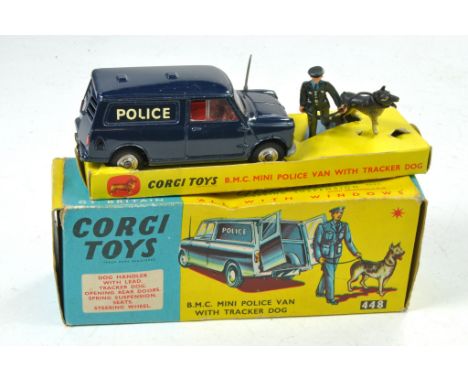 Corgi No. 448 BMC Mini Police Van with Tracker Dog. Dark Blue with red interior, plus figures. Excellent in general, the odd 