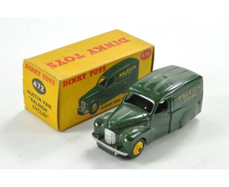 Dinky No. 472 Austin Raleigh Cycles Van. Green, silver trim, yellow ridged hubs. Generally excellent, the odd mark in excelle