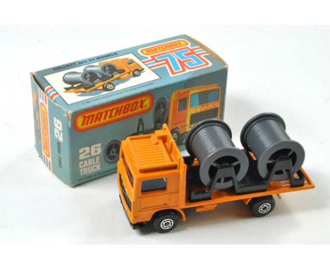 Matchbox Superfast No. 26E Cable truck. Orange-yellow body, black base, blue glass, two light grey cable drums. Appears excel