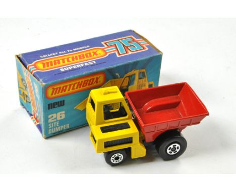 Matchbox Superfast No. 26E Site Dumper. Yellow body, red dumper, black seats and black base. Appears excellent  in good (K Ty