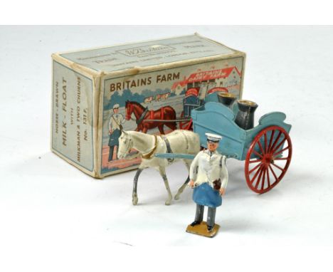Britains No. 131F Horse-Drawn Milk Float. Consisting of Light Blue Milk Float with Red Spoked Wheels, Milkman, 2 x Milk Churn