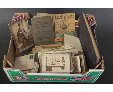 A BOX OF ASSORTED EPHEMERA to include risqué postcards, Prudential Assurance Company receipt books, late Victorian photograph