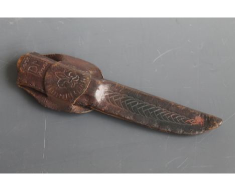 A 19TH CENTURY BUSHMAN TYPE KNIFE, with the blade crowned V R Cypher. Wooden grip carved with a Fleur de Lys. In leather scab