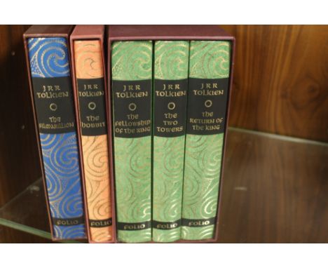 FOLIO SOCIETY - J R R TOLKEIN - five volumes comprising 'Lord of The Rings' cased set, 'The Hobbit' and 'The Silmarillion' bo