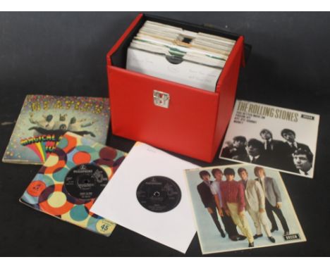 A BOX OF SINGLES TO INCLUDE THE BEATLES, ROLLING STONES, ELVIS, MARY HOPKIN, ETC