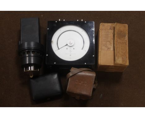 AN AMMETER IN FITTED LEATHER CASE MARKED 'G.P.O', together with a 'Ringrose' Firedamp alarm, an Ohmmeter, a boxed AVC multime