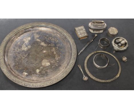 A COLLECTION OF WHITE METAL, SILVER AND SILVER PLATED ITEMS to include coin holder, match box base, Queen Anne Ronson table l