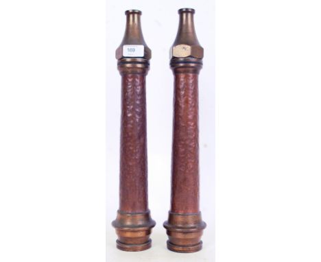 FIRE HOSES; Two vintage ' Type A ' vintage fire fighting / engine hose nozzles. 46cm tall each. Each stamped ' Type A '