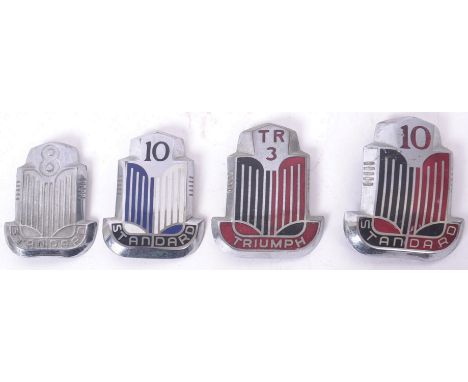 CAR BADGES: A collection of 4x similar vintage classic car badges - Standard 10 (x2 variations), TR3 Triumph, and Standard 8.