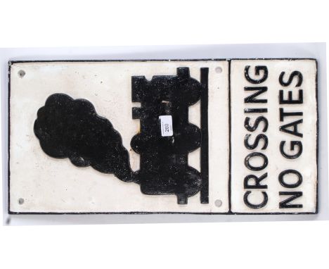 A large vintage style cast iron reproduction Railway Crossing sign. White, with raised black features. Screw holes to each co